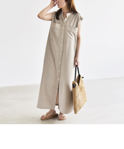 quaranciel:〈洗濯機可能〉ウーステッド ノースリーブ バンドカラー シャツ ワンピース