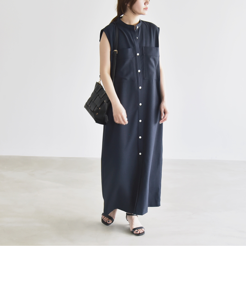 quaranciel:〈洗濯機可能〉ウーステッド ノースリーブ バンドカラー シャツ ワンピース