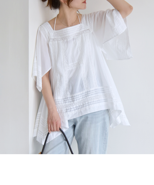 quaranciel:〈洗濯機可能〉コットン レース ライン スクエア ネック ブラウス