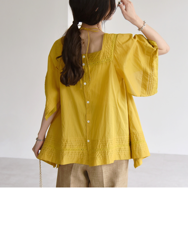 quaranciel:〈洗濯機可能〉コットン レース ライン スクエア ネック ブラウス