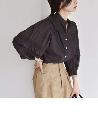 quaranciel:〈洗濯機可能〉コットン レース ライン フリル パフスリーブ ブラウス