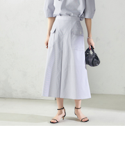 〈手洗い可能〉ストライプ フロント ポケット フレア スカート