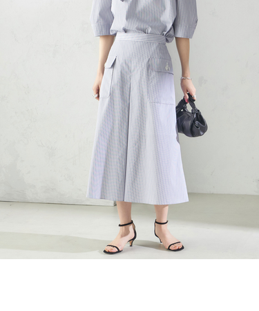 〈手洗い可能〉ストライプ フロント ポケット フレア スカート