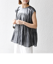 SHIPS any:〈手洗い可能〉箔 ティアード レースアップ フレンチスリーブ ブラウス