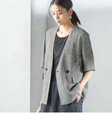 〈手洗い可能〉カラミ ノーラペル 半袖 ジャケット