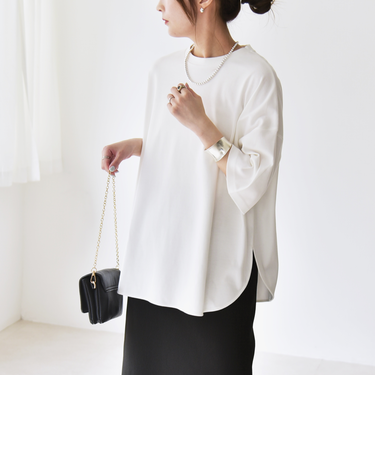 quaranciel:〈接触冷感/汗染み防止加工/洗濯機可能〉ラウンドヘム クルー ビッグ TEE