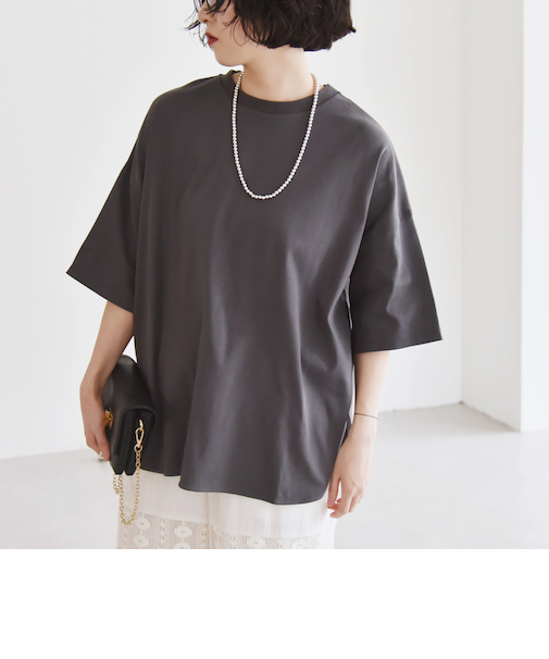 quaranciel:〈接触冷感/汗染み防止加工/洗濯機可能〉ラウンドヘム クルー ビッグ TEE