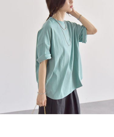 quaranciel:〈接触冷感/汗染み防止加工/洗濯機可能〉ラウンドヘム クルー ビッグ TEE