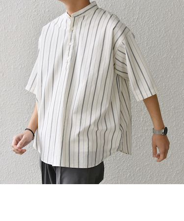 SHIPS any: 〈洗濯機可能〉コットン/リネン ストライプ バンド スキッパー ハーフスリーブ シャツ◇