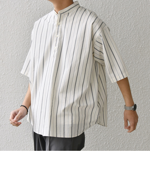 SHIPS any: 〈洗濯機可能〉コットン/リネン ストライプ バンド スキッパー ハーフスリーブ シャツ◇