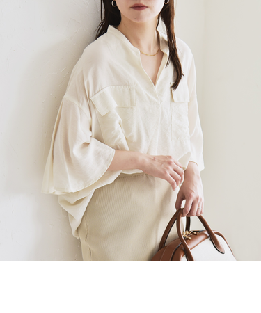 quaranciel:〈手洗い可能〉フレア ハーフスリーブ バンドカラー スキッパー シャツ