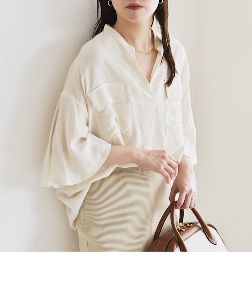 quaranciel:〈手洗い可能〉フレア ハーフスリーブ バンドカラー スキッパー シャツ