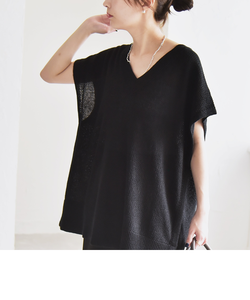 quaranciel:〈手洗い可能〉ラミー ミックス Vネック ノースリーブ シアー ニット