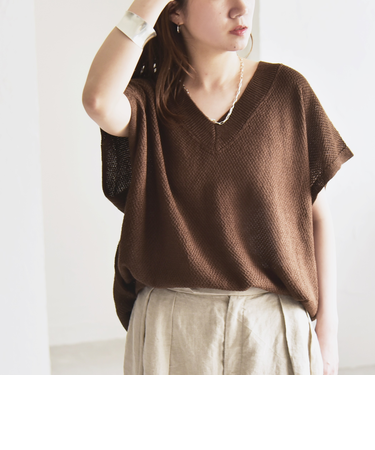 quaranciel:〈手洗い可能〉ラミー ミックス Vネック ノースリーブ シアー ニット