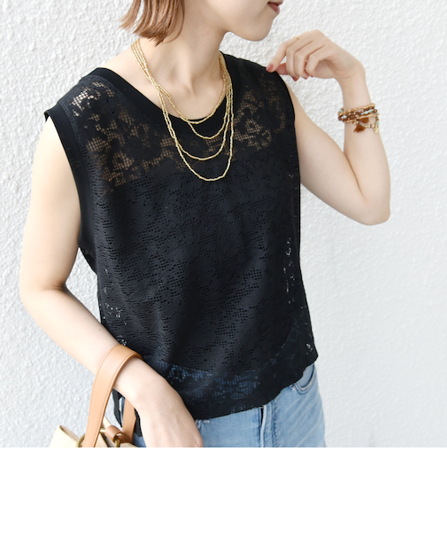 〈手洗い可能〉オーガニック コットン レース ノースリーブ プルオーバー