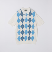 ALANPANE: 16ゲージ アーガイルチェック コットン ニット ポロシャツ