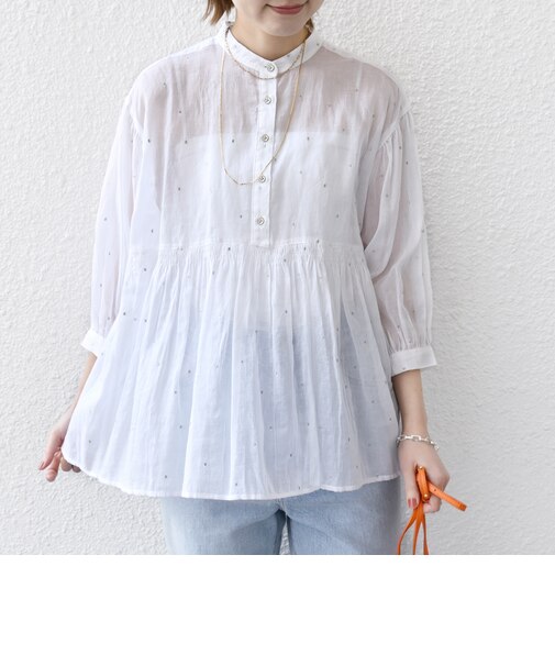 〈手洗い可能〉コットン オーガンジー 刺繍 ギャザー ブラウス