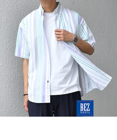 SHIPS any: BEZ TEXTILE マルチカラー ストライプ/ソリッド ボタンダウン ショートスリーブ シャツ◇