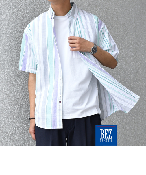 SHIPS any: BEZ TEXTILE マルチカラー ストライプ/ソリッド ボタンダウン ショートスリーブ シャツ◇