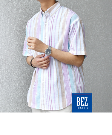 SHIPS any: BEZ TEXTILE マルチカラー ストライプ/ソリッド ボタンダウン ショートスリーブ シャツ◇