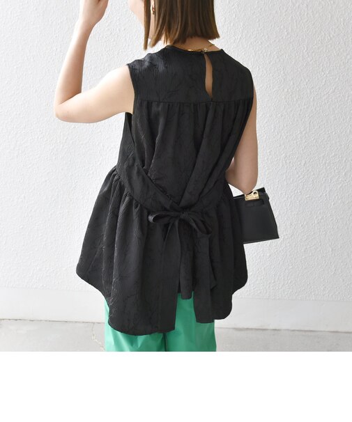 SHIPS any:〈洗濯機可能〉サテン ジャカード ノースリ ペプラム リボン ブラウス