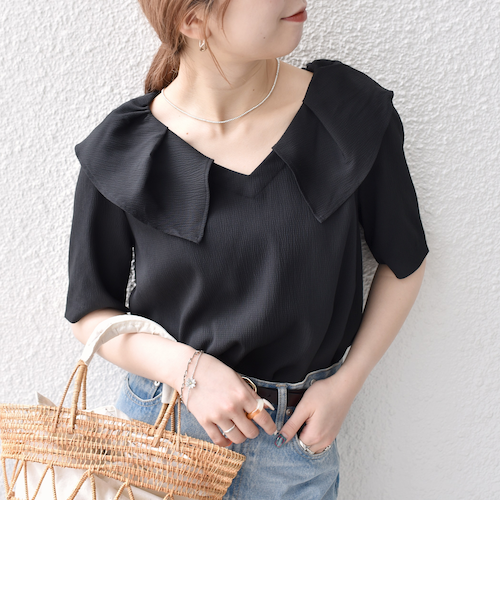 SHIPS any:洗濯機可能ラフ サテン フリルカラー ロングスリーブブラウス