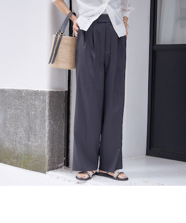 〈手洗い可能〉麻調 合繊 2タック ワイド パンツ 2