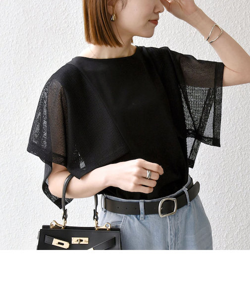 SHIPS any:〈手洗い可能〉メッシュ シアー ハンカチ スリーブ ドッキング TEE