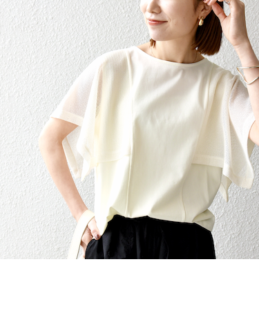 SHIPS any:〈手洗い可能〉メッシュ シアー ハンカチ スリーブ ドッキング TEE