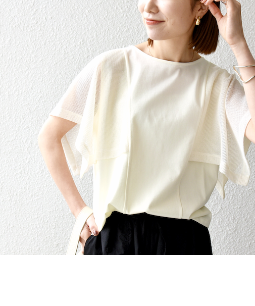 SHIPS any:〈手洗い可能〉メッシュ シアー ハンカチ スリーブ ドッキング TEE
