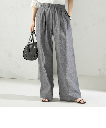 〈接触冷感・手洗い可能〉麻混 シャンブレー ウエスト ゴム ワイド パンツ