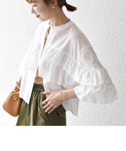 SHIPS any:〈洗濯機可能〉ボイル フリル バンドカラー シャツ ブラウス 2