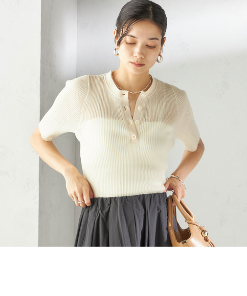 〈手洗い可能〉ラミー混 シアー ヘンリー ネック ニット