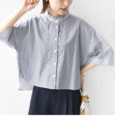 【WEB限定】〈手洗い可能〉ブロード ストライプ / 無地 切替 パッチワーク シャツ