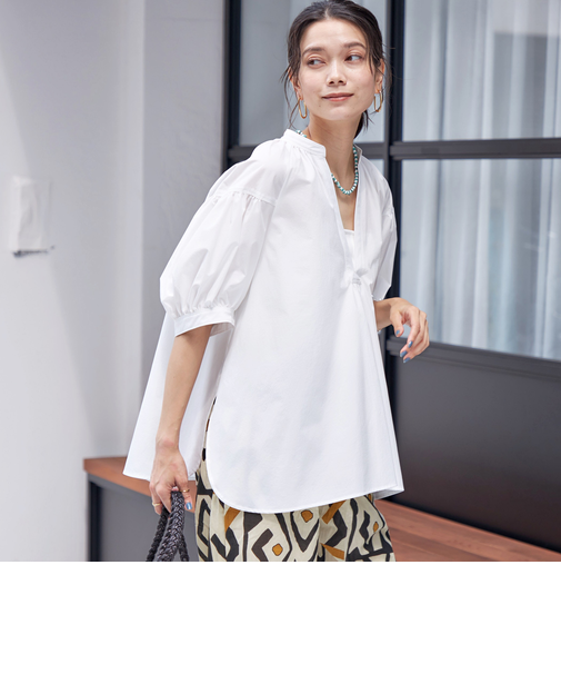 〈接触冷感 / 撥水加工〉TEX BRID(R)タフタ スキッパー 5分袖 ブラウス