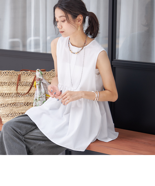 〈接触冷感 / 撥水加工〉TEX BRID(R)タフタ ギャザー ノースリーブ ブラウス