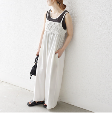 bon_meur:〈手洗い可能〉ロープ編み コットン ワイド ギャザー サロペット