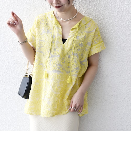 SHIPS any　メッシュ ジャカード カフタン スキッパー ブラウス 一部追加予約》SHIPS any:〈手洗い可能〉メッシュ ジャカード カフタン