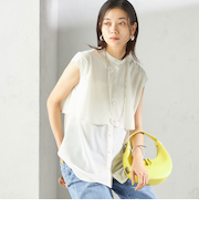 〈手洗い可能〉シアー トリコット フレア ヨーク ノースリーブ ブラウス