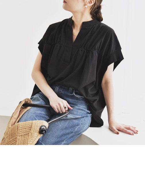 quaranciel:〈手洗い可能〉ギャザー スキッパー バンドカラー プルオーバー