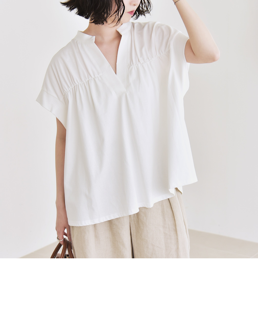 quaranciel:〈手洗い可能〉ギャザー スキッパー バンドカラー プルオーバー