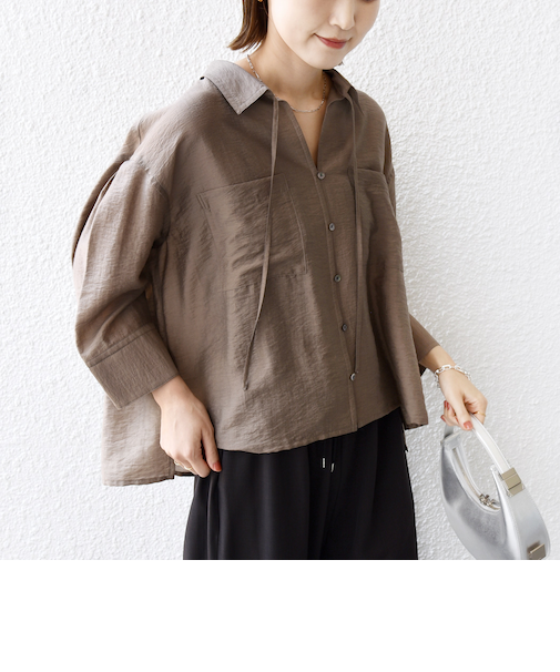 〈手洗い可能〉シアー シルク混 オープンカラー シャツ