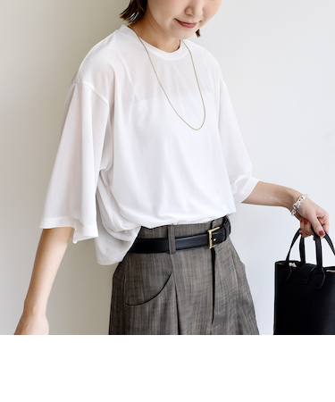 〈手洗い可能〉シアー トリコット ポリエステル ベロア 五分袖 ワイド TEE