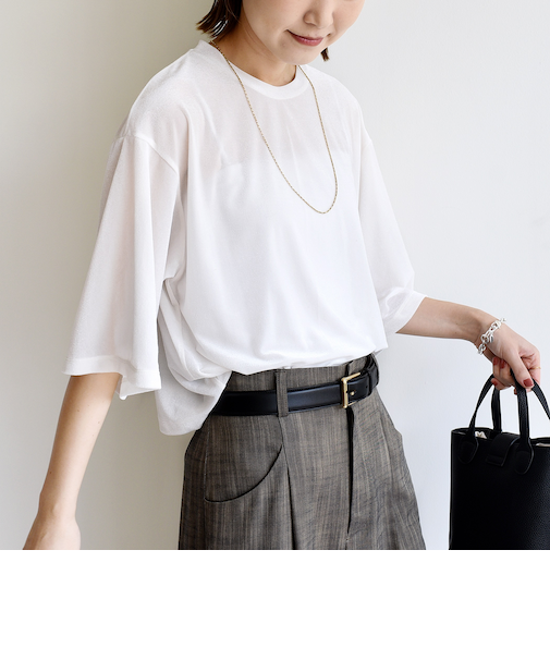 〈手洗い可能〉シアー トリコット ポリエステル ベロア 五分袖 ワイド TEE