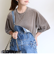〈手洗い可能〉シアー トリコット ポリエステル ベロア 五分袖 ワイド TEE