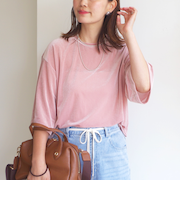 〈手洗い可能〉シアー トリコット ポリエステル ベロア 五分袖 ワイド TEE