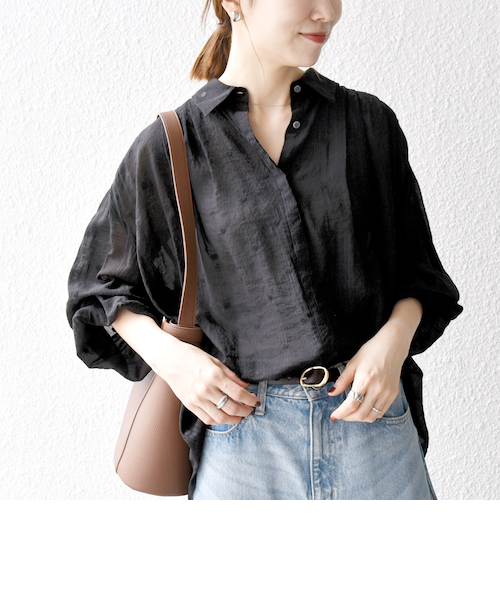 SHIPS any シアー ドット レギュラーカラー ギャザー シャツ　黒 SHIPS any:〈手洗い可能〉シアー ドット レギュラーカラー