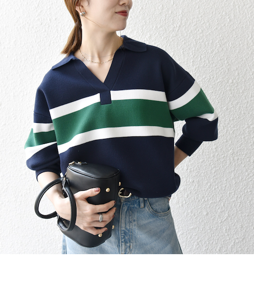 SHIPS any:〈手洗い可能〉パネル ボーダー スキッパー ニット プルオーバー