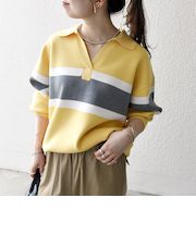 SHIPS any:〈手洗い可能〉パネル ボーダー スキッパー ニット プルオーバー