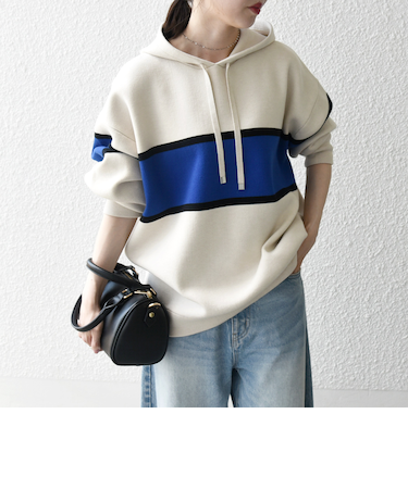 SHIPS any:〈手洗い可能〉パネル ボーダー フーディー ニット プルオーバー